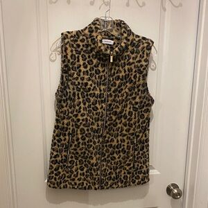 Calvin Klein Leopard Faux Fur Zip Vest in Tan and Black